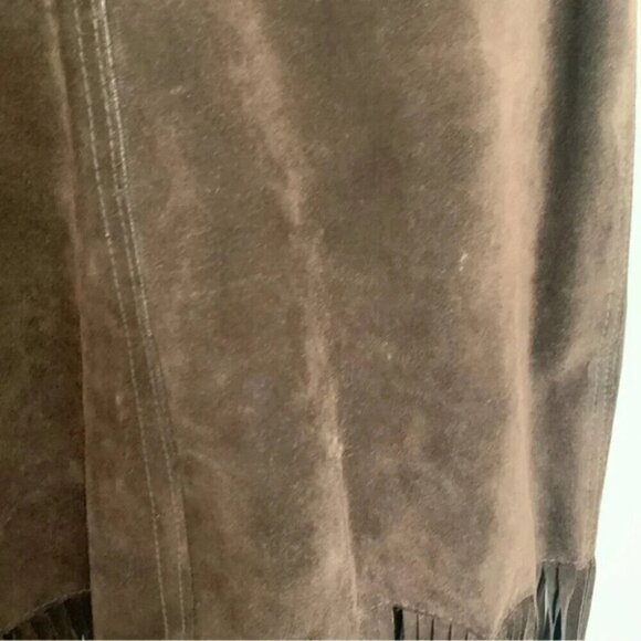 Vintage Mister Leather Chocolate Brown Suede Leather Fringe Midi Skirt - Picture 7 of 16